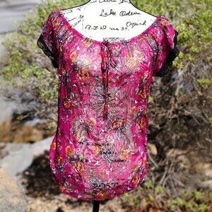 Esteem Pink Sheer Floral Top with Lace Trim